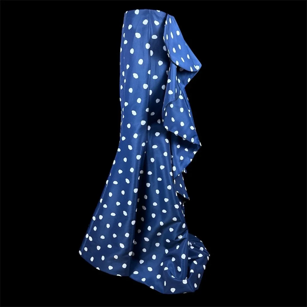 Sherri Hill Navy White Polka Dot Mermaid Skirt Ruffle‎ Bustle Back Maxi Size 0